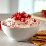 photorealistic strawberry cheesecake dip hero shot in modern kitchen