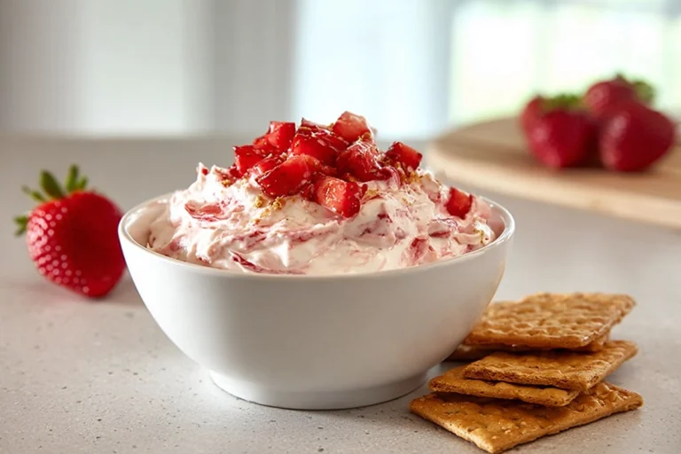 photorealistic strawberry cheesecake dip hero shot in modern kitchen