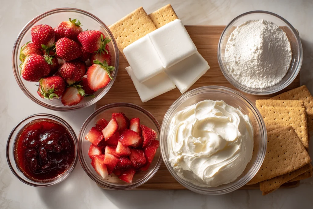 overhead image of strawberry cheesecake dip ingredients in glass bowls