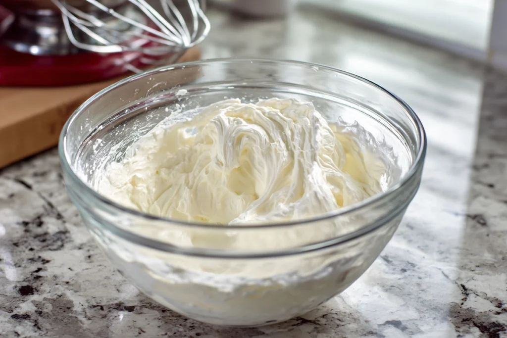 mixing the base for strawberry cheesecake dip in glass bowl