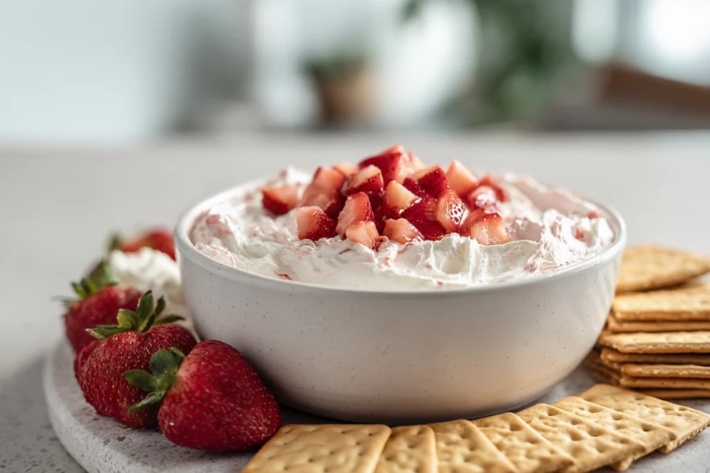 serving bowl of strawberry cheesecake dip with dippers in modern kitchen