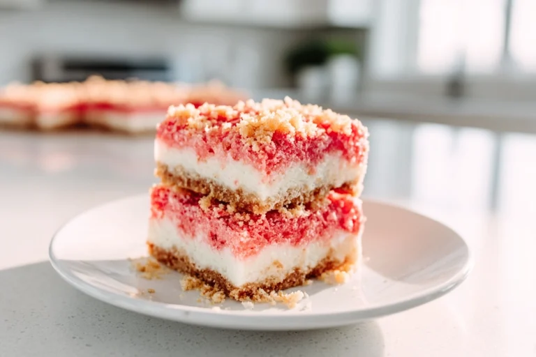 photorealistic hero shot of strawberry shortcake brownies on modern kitchen counter