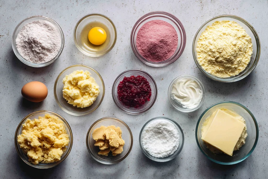 overhead image of strawberry shortcake brownies ingredients arranged in glass bowls