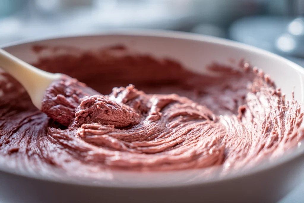 mixing bowl with strawberry shortcake brownies batter being prepared