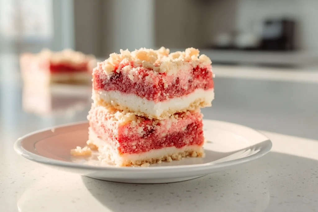 serving plate with strawberry shortcake brownies styled in modern kitchen