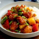 Sweet and sour chicken served on a modern plate with glossy sauce and vegetables