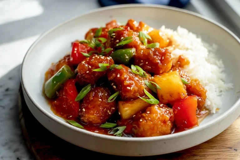 Sweet and sour chicken served on a modern plate with glossy sauce and vegetables