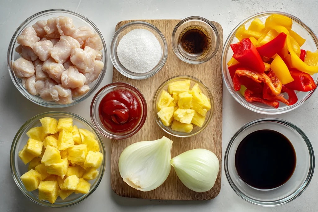 Ingredients for sweet and sour chicken arranged neatly on a kitchen counter