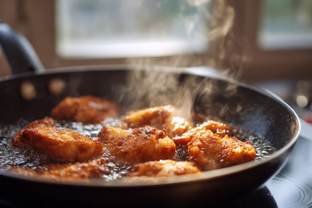 Chicken frying until golden and crispy for sweet and sour chicken