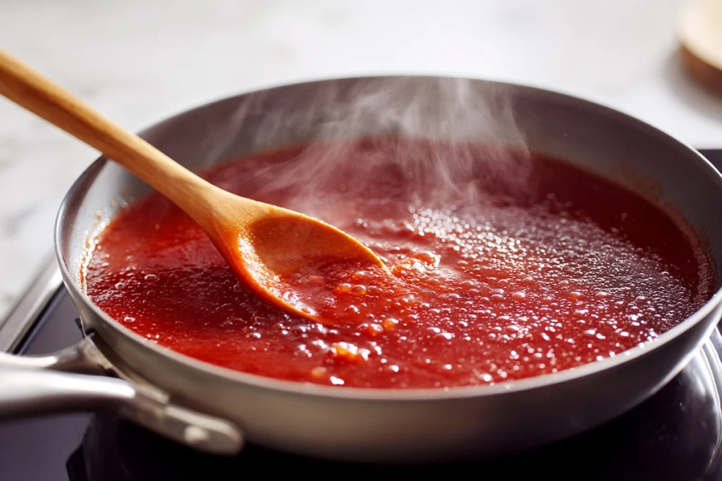 Sweet and sour sauce simmering in a pan for sweet and sour chicken