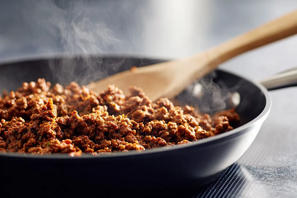 Taco Ranch Bites That Never Fail at Parties (Easy & Addictive) 8 Cooking seasoned ground beef for Taco Ranch Bites filling