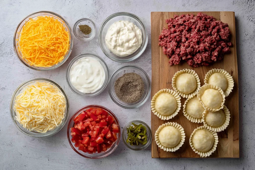 Taco Ranch Bites That Never Fail at Parties (Easy & Addictive) 7 Ingredients for Taco Ranch Bites arranged neatly on kitchen counter