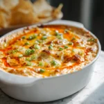 Hero shot of The BEST Buffalo Chicken Dip served fresh in a modern kitchen