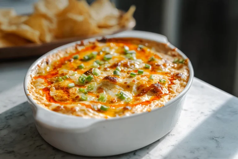 Hero shot of The BEST Buffalo Chicken Dip served fresh in a modern kitchen