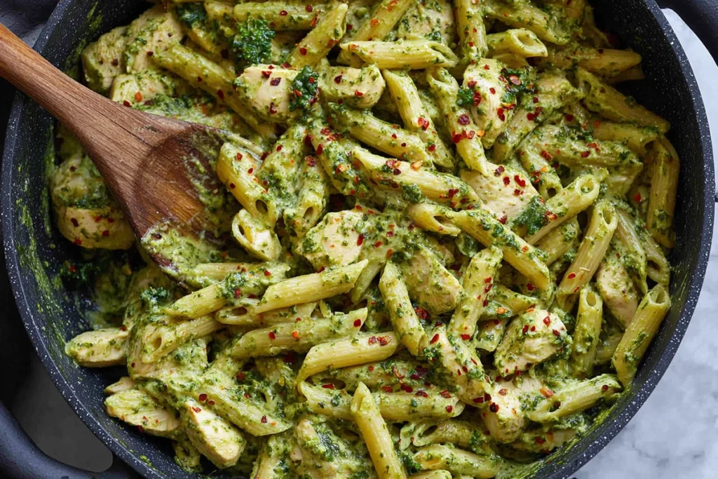 Pasta mixing step for pesto pasta with parmesan chicken showing pesto-coated noodles