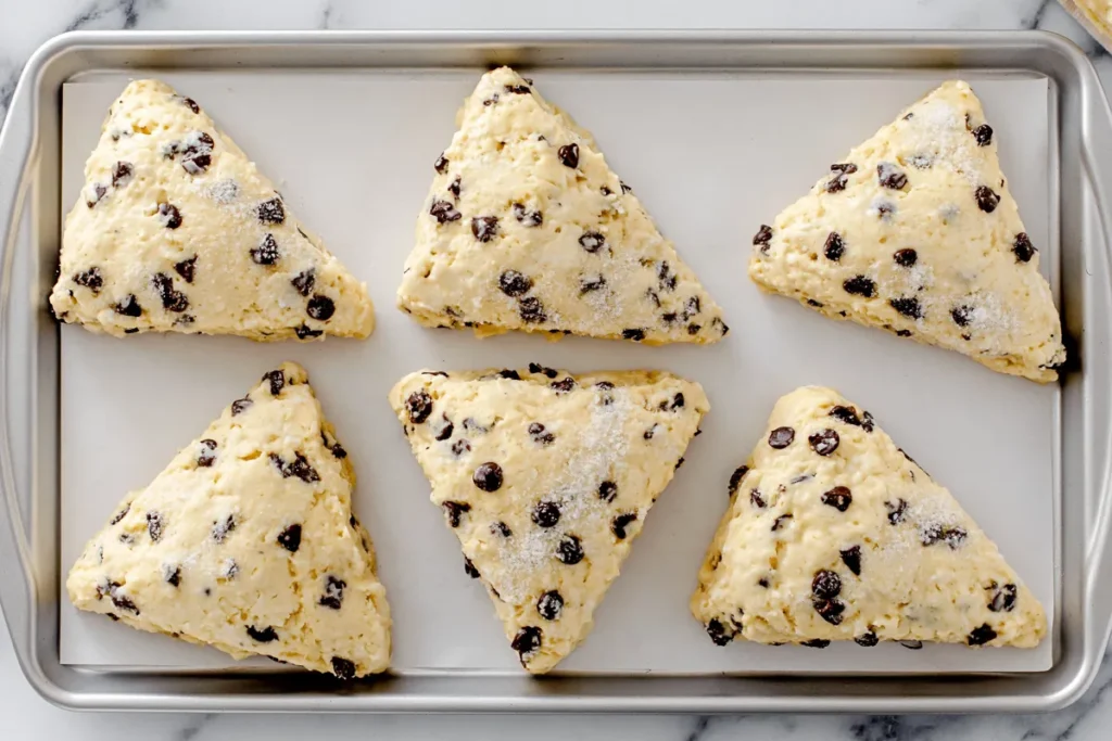 Unbaked Chocolate Chip Scones spaced on a parchment-lined sheet pan