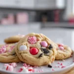 photorealistic hero shot of Valentine Oreo M&M Cookies on modern kitchen counter0