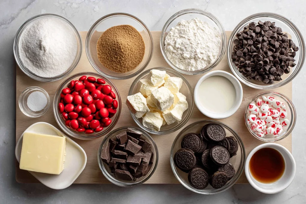 overhead ingredients layout for Valentine Oreo M&M Cookies in glass bowls