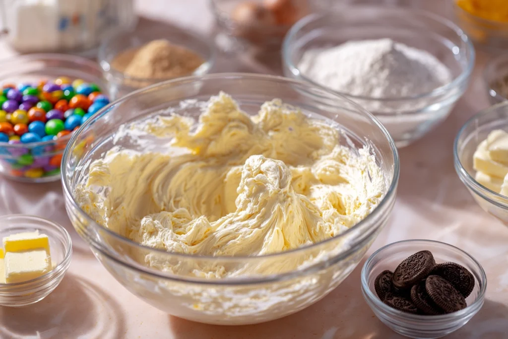 cookie dough preparation for Valentine Oreo M&M Cookies with creamed butter and sugar