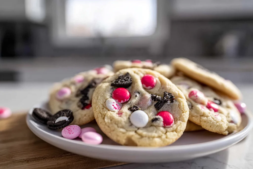 serving plate of Valentine Oreo M&M Cookies stacked in modern kitchen