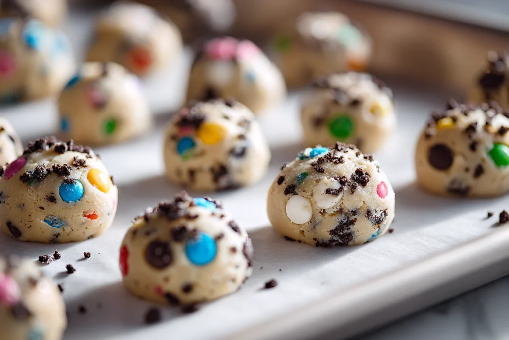 shaped dough balls for Valentine Oreo M&M Cookies on baking sheet