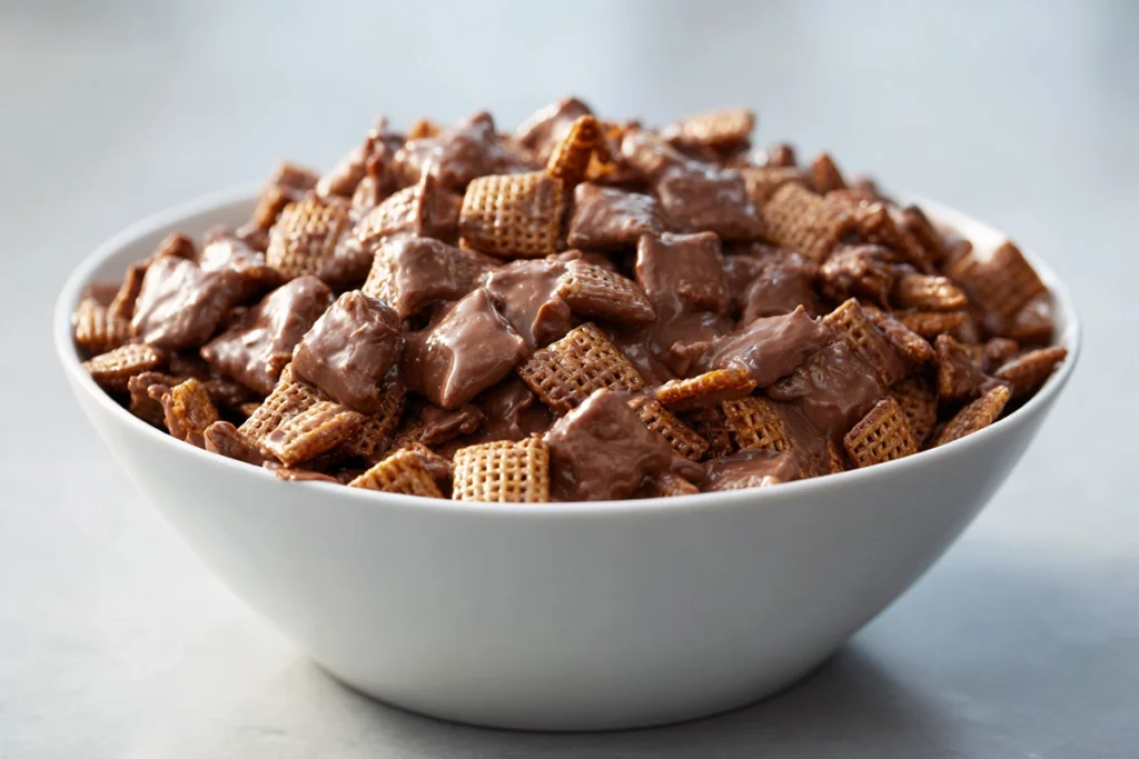 Chocolate-coated cereal while making Valentine Puppy Chow