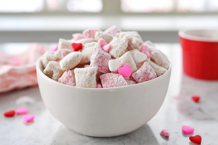 Valentine Puppy Chow served in a modern bowl with pink and red candies