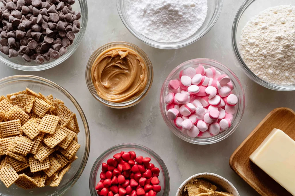 Ingredients for Valentine Puppy Chow arranged neatly on a kitchen counter