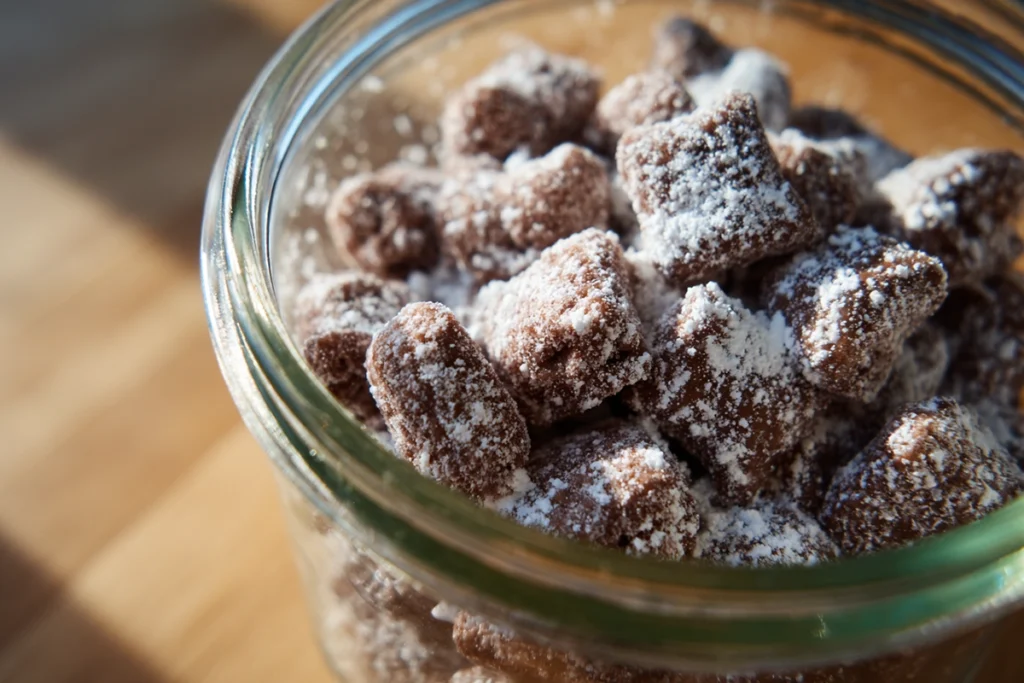Valentine Puppy Chow coated in powdered sugar during preparation