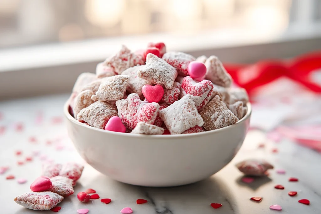 Valentine Puppy Chow ready to serve in a modern kitchen setting