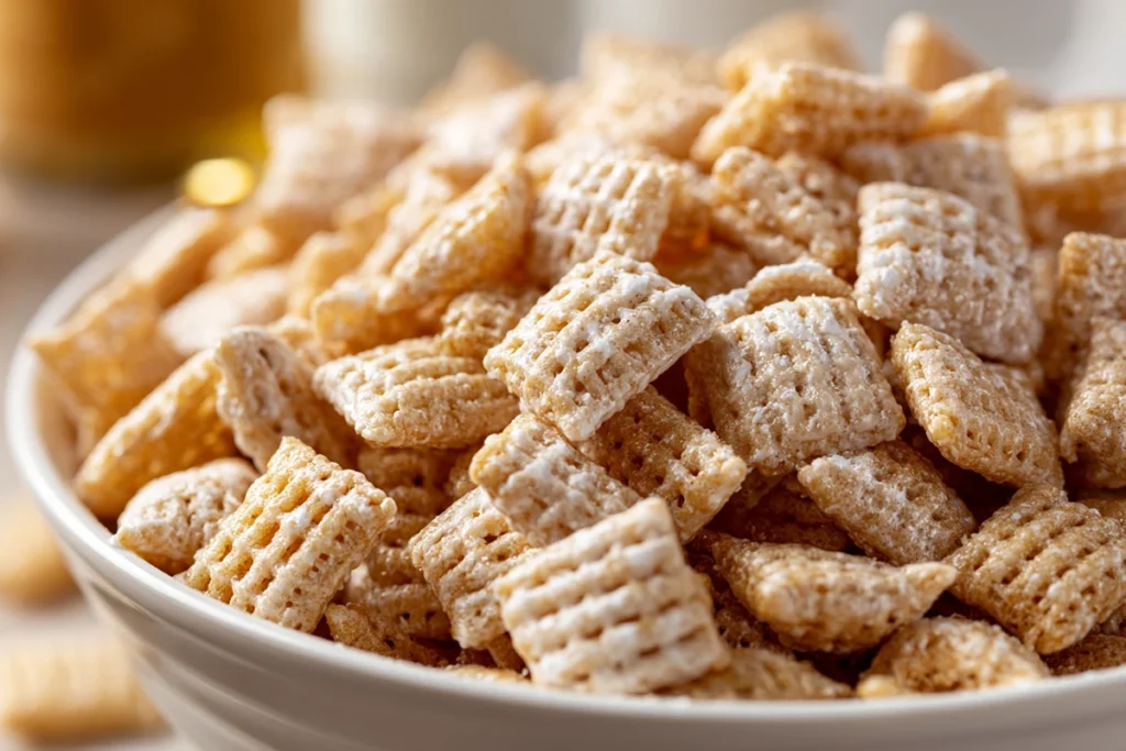 Valentine Puppy Chow cereal coated evenly with melted candy
