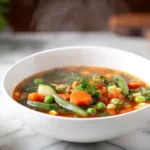 photorealistic bowl of vegetable soup with fresh vegetables and parsley garnish in modern kitchen