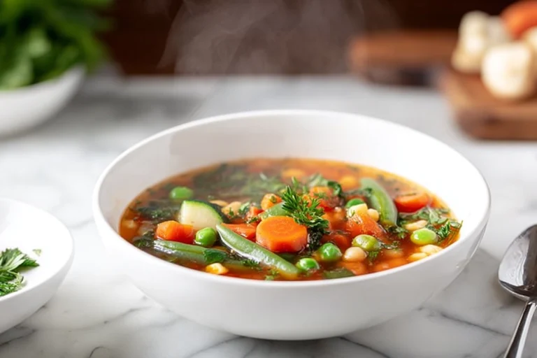 photorealistic bowl of vegetable soup with fresh vegetables and parsley garnish in modern kitchen