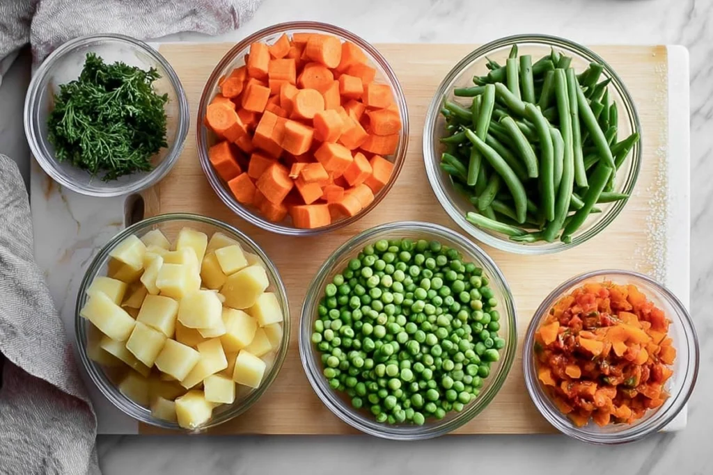 overhead view of vegetable soup ingredients neatly arranged in glass bowls and on cutting board