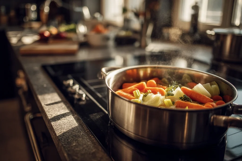 sautéing onions garlic carrots celery in olive oil for vegetable soup in modern kitchen