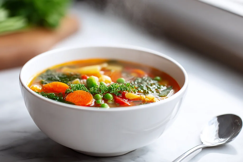 final serving of homemade vegetable soup with fresh parsley in modern kitchen