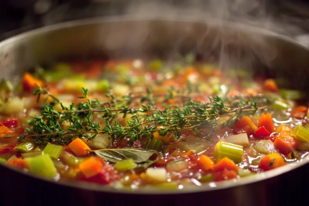 vegetable soup simmering in pot with diced vegetables and herbs in modern kitchen