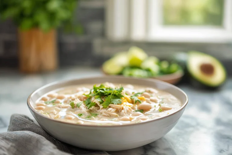 Finished bowl of White Chicken Chili in a modern kitchen with natural light