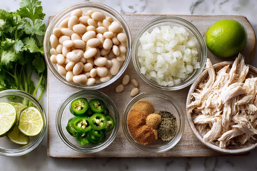 Overhead view of ingredients for White Chicken Chili arranged in clear bowls