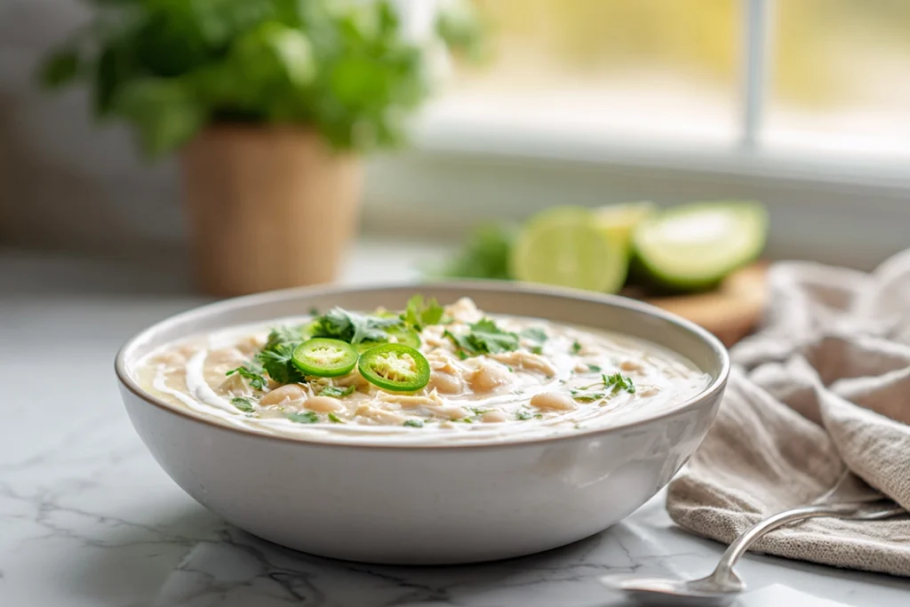 Served bowl of White Chicken Chili with garnish in a modern kitchen setting
