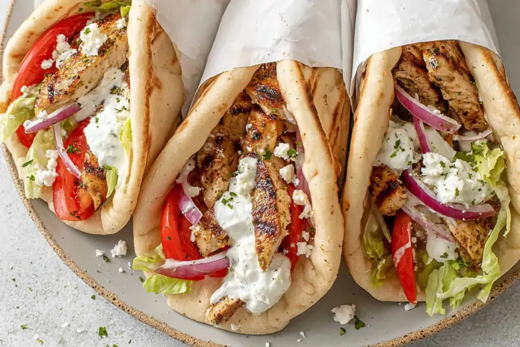 Wrapped Greek Chicken Gyros with grilled chicken, vegetables, and tzatziki on a plate
