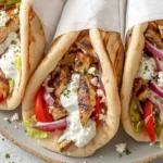 Wrapped Greek Chicken Gyros with grilled chicken, vegetables, and tzatziki on a plate
