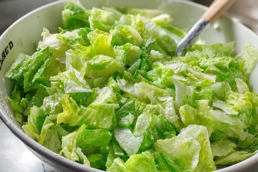 Garlic iceberg salad with crisp lettuce and lemon garlic dressing in a modern kitchen
