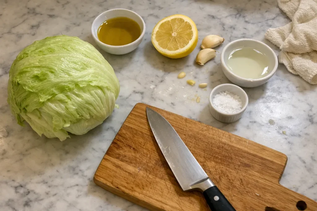Garlic Iceberg Salad: Cold Crunch, Sharp Garlic, Zero Apologies 7 Ingredients for garlic iceberg salad including iceberg lettuce, lemon, garlic, olive oil and vinegar