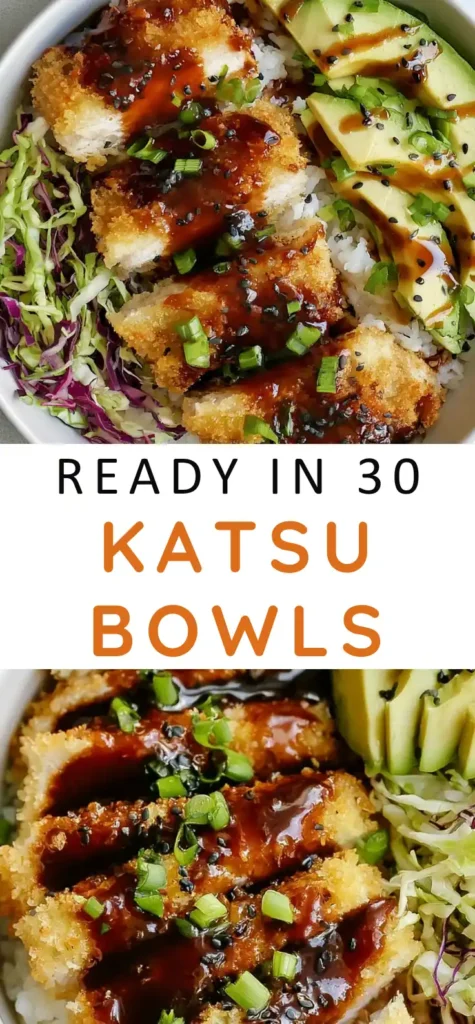Japanese Katsu Bowls with Crispy Sheet-Pan Chicken 4 Japanese Katsu Bowls recipe with crispy chicken, rice, crunchy slaw, avocado, and tonkatsu sauce