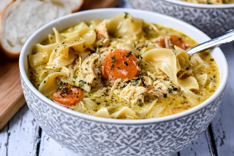Mohamed Ayad's Creamy Chicken Noodle Soup Recipe with shredded chicken and wide noodles