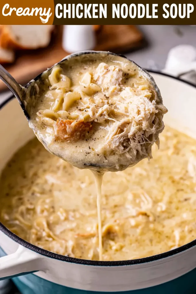Creamy Chicken Noodle Soup for Cozy Winter Nights 2 Creamy chicken noodle soup in a ladle above a Dutch oven with tender noodles and chicken