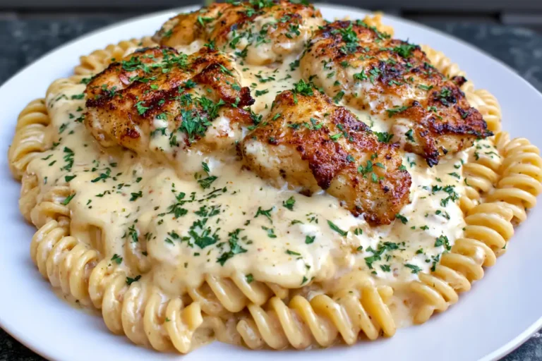 Creamy garlic butter chicken and rotini in a skillet