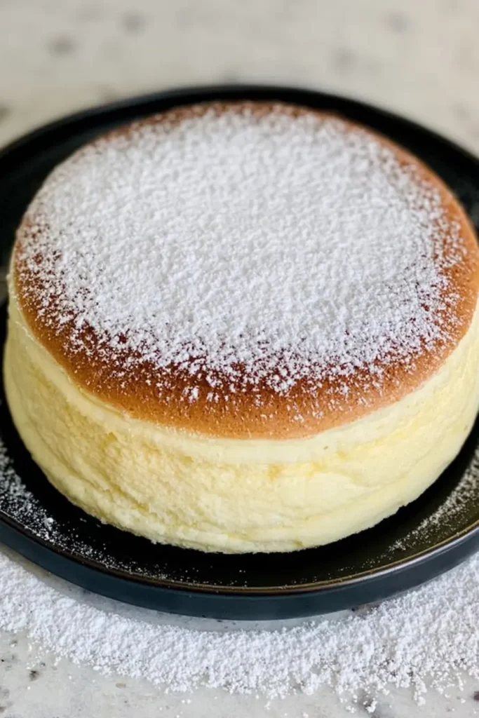Japanese Cheesecake with a Light, Jiggly Texture 2 Golden Japanese cheesecake with a light, jiggly texture on a black ceramic plate