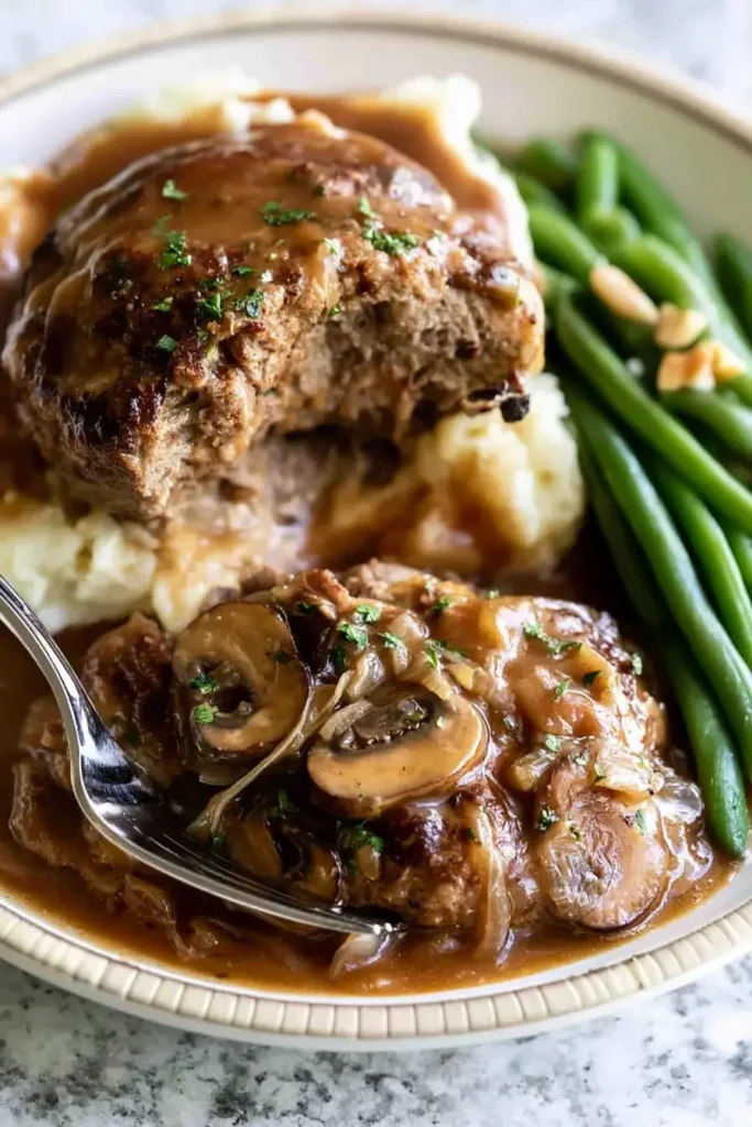 Salisbury Steak with Rich Mushroom and Onion Gravy 4 Salisbury Steak with Mushroom Gravy, Mashed Potatoes, and Green Beans